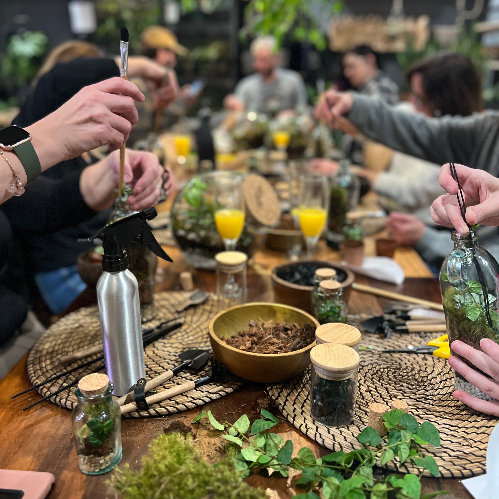 A group of people gathered around a wooden table in a cozy indoor setting, participating in a terrarium or plant arrangement workshop. Hands are visible holding a spray bottle, a paintbrush, and glass jars containing small plants and soil.