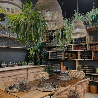 A classroom area with a wooden table, woven wicker chairs, and large hanging woven pendant lights, surrounded by lush green plants and shelves of materials in the background.