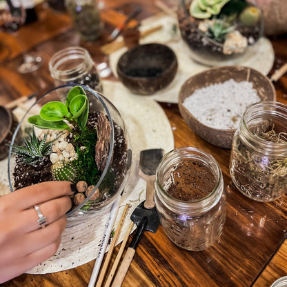 A group of people crafting miniature glass terrariums on a rustic wooden table, with one person's hand placing a small succulent into a glass bowl filled with soil, moss, and stones.