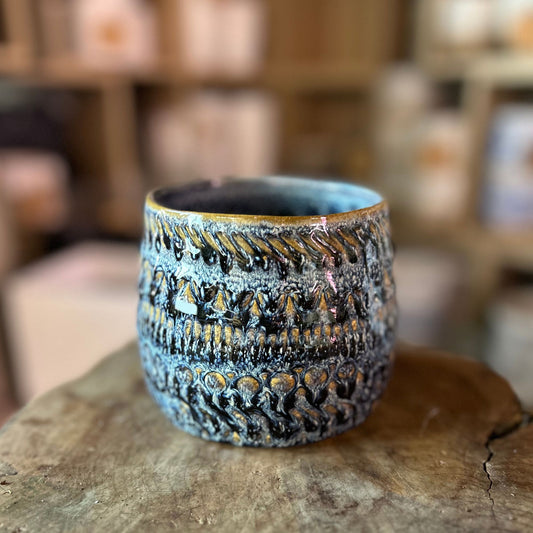 Fancy Blue Ceramic Pot 4"